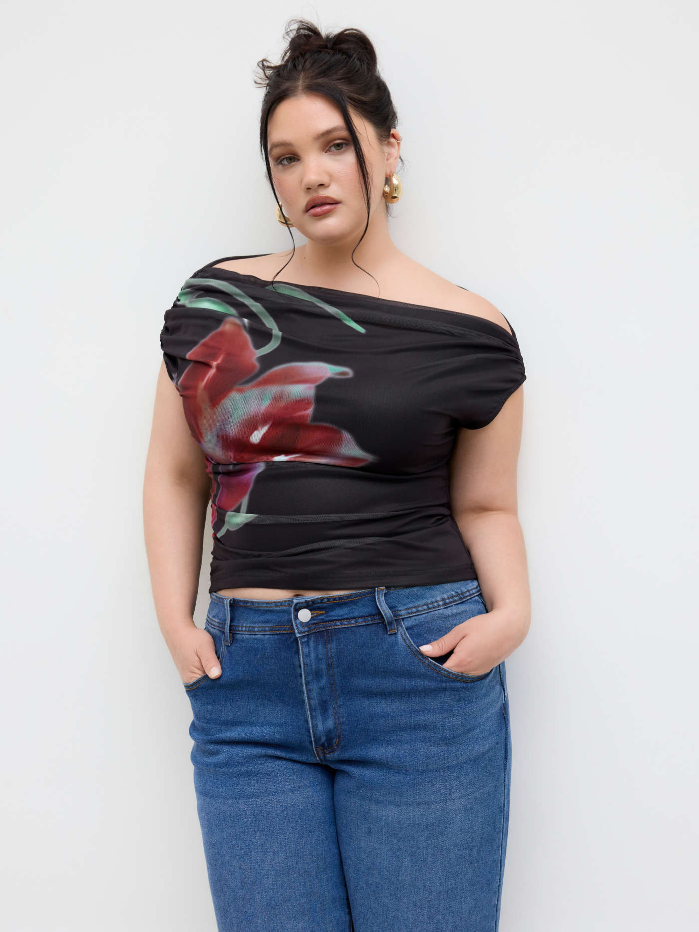 Mesh Mesh Asymmetrical Neck Floral Ruched Top For Daily Casual | Cider