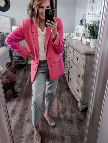 Valentines Day casual outfit💗 Pink blazer from Old Navy, fits tts, more colors, best seller. Trousers and ankle pants to match. Gap Factory slim boyfriend jeans on sale 60% off fit tts. Everyday tee on sale only $10

Jeans, casual outfit, blazer outfit, trends, trending, sale, fashion over 40

#LTKunder50 #LTKsalealert #LTKstyletip