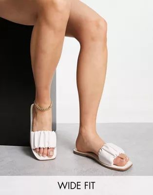 ASOS DESIGN Wide Fit Favor ruched flat mules in white | ASOS (Global)