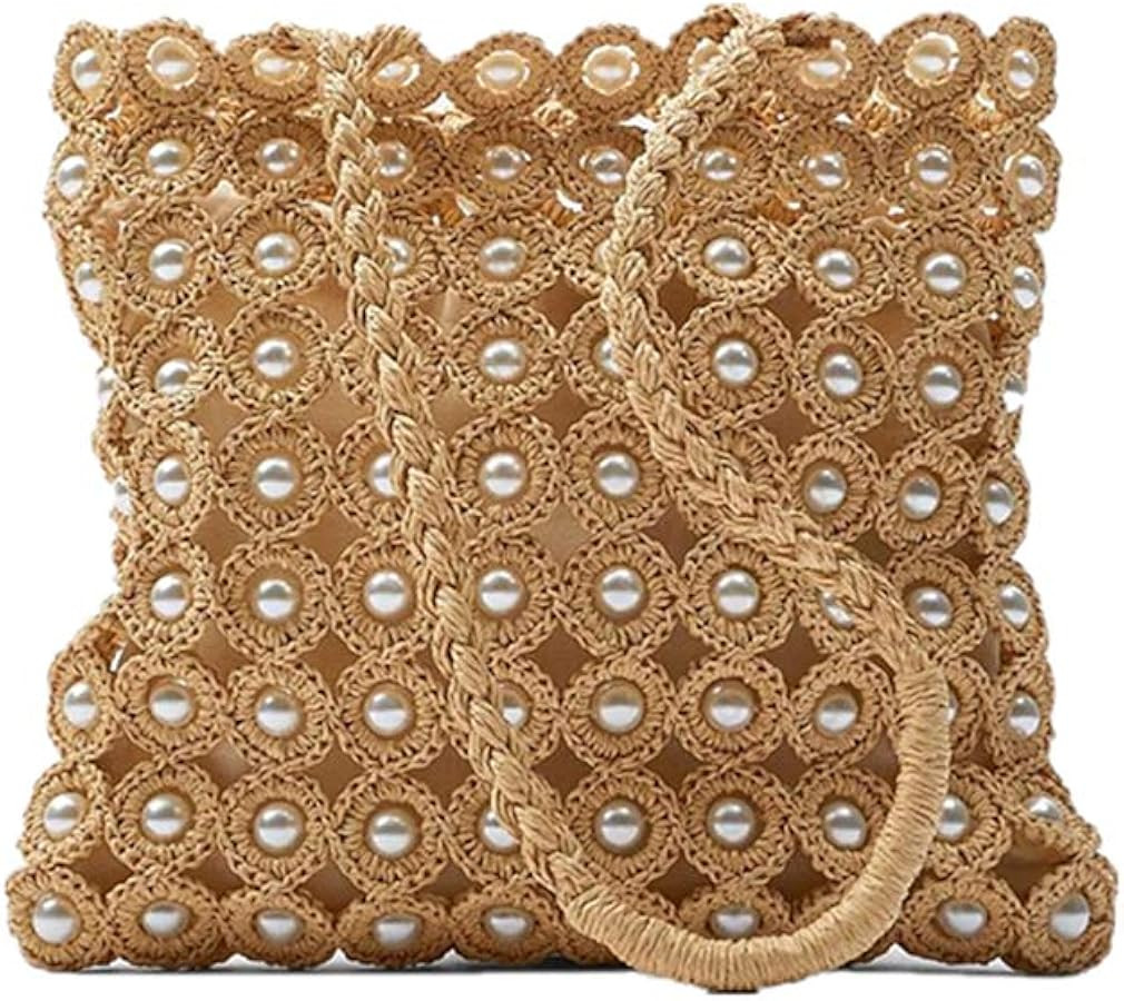 Hand-woven Hollow Out Soft Straw Shoulder Bag with Pearl Flower, Boho Straw Handle Tote Summer Be... | Amazon (US)