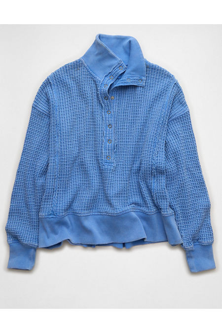 AE Big Hug Waffle Henley Sweatshirt Women's Blooming Bright Blue XL | American Eagle Outfitters (US & CA)
