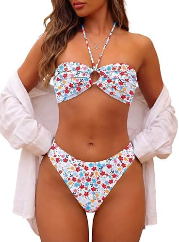 ANRABESS Bikini Sets for Women Bandeau O Ring 2 Piece Swimsuit Floral Halter Tie Back Bathing Sui... | Amazon (US)
