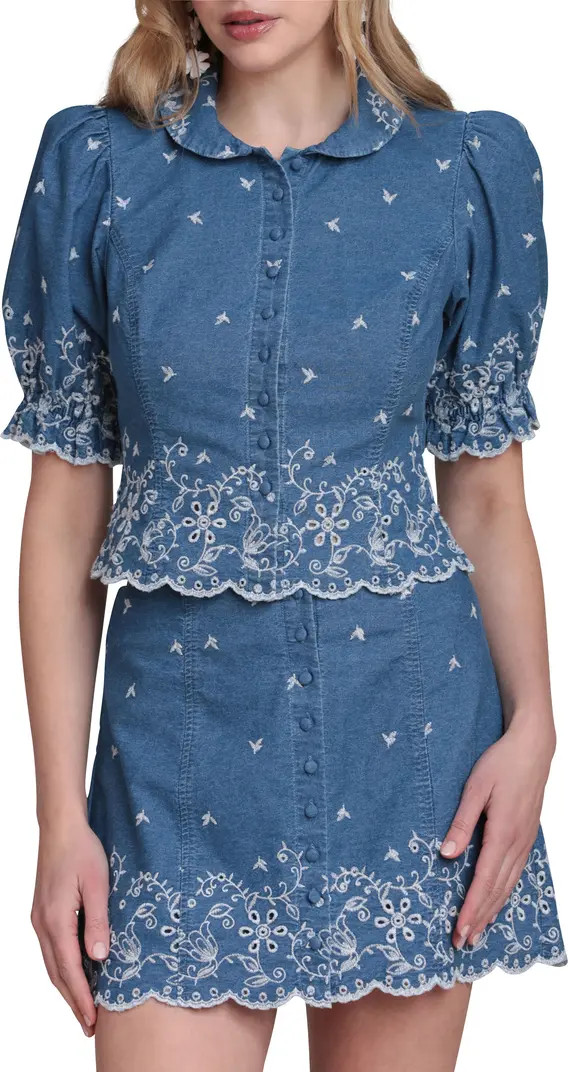 Embroidered Puff Sleeve Scallop Crop Chambray Shirt | Nordstrom