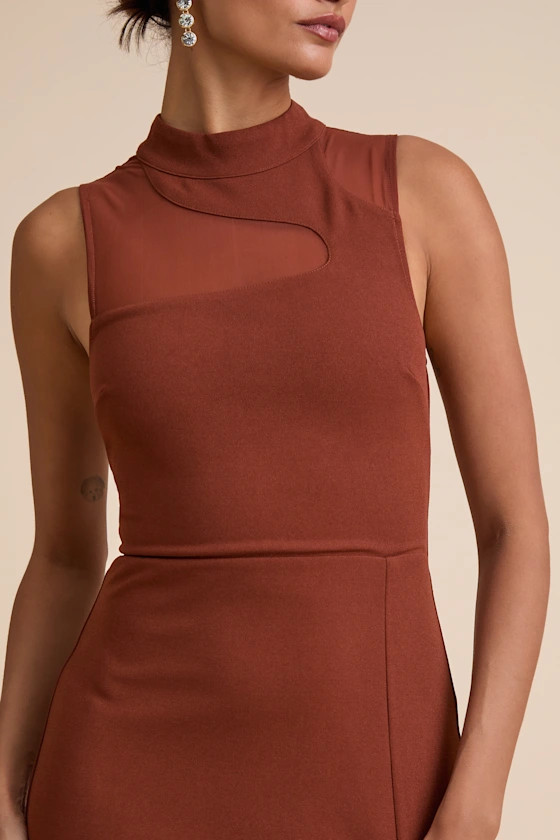 Irresistibly Modern Rust Brown Mesh Mock Neck Maxi Dress | Lulus