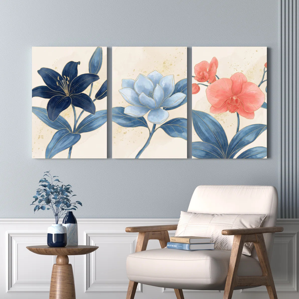 Blue And Pink Floral Art Canvas Wrapped Wall Art Oil Painting Print Set Of 3 | Wayfair North America