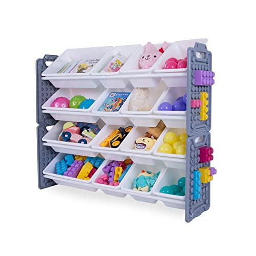 UNiPLAY Toy Organizer with 16 Removable Storage Bins, Multi-Bin Organizer for Books, Building Blocks, School Materials, Toys with Baseplate Board Frame (Gray) | Amazon (US)