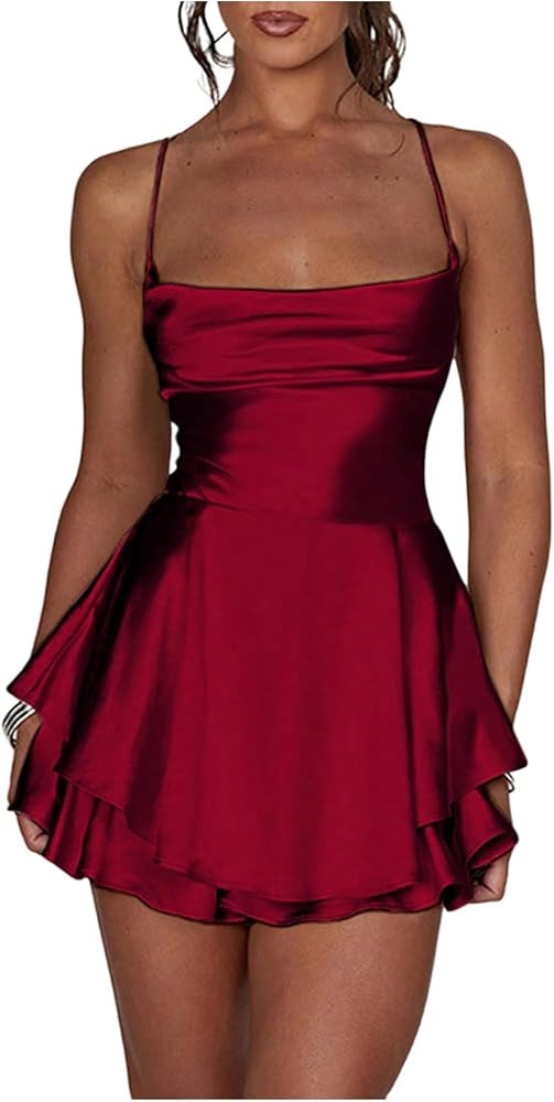 SweatyRocks Women's Satin Mini Dress Backless Crisscross Square Neck Ruffled Flowy Cocktail Party... | Amazon (US)