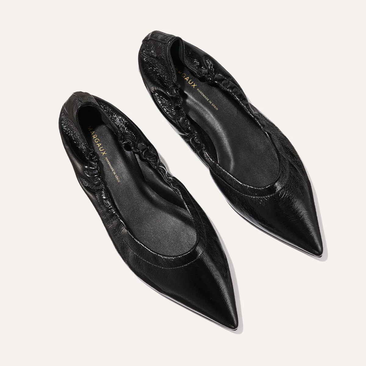 Black Pointed Toe Ballet Flat in Crinkle Patent Leather | The Roma | Margaux