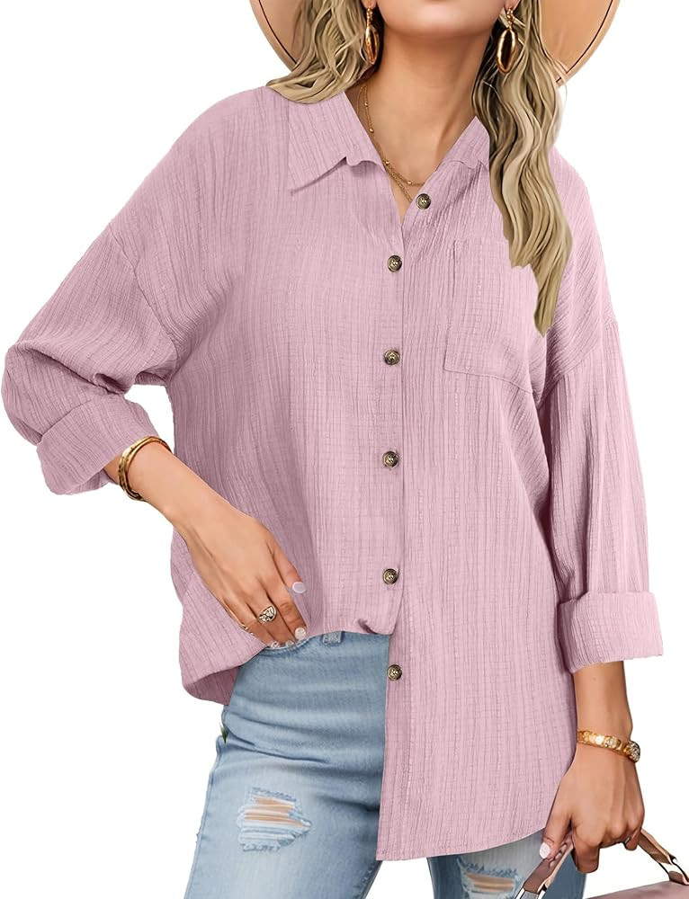 Neweek Womens Linen Button Down Shirts Casual Long Sleeve Loose Textured Collared Blouses Work To... | Amazon (US)