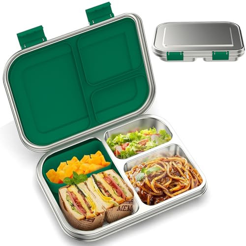 BOSEDSANG Stainless Steel Kids Leak-Resistant Bento Lunch Box, 3-Compartments with Silicone Container, Dishwasher-Safe, Child-Friendly Design for School, Picnics & Travel,BPA-Free (Green) | Amazon (US)
