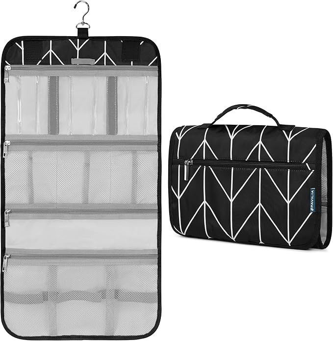 PAVILIA Hanging Toiletry Bag Women Men, Travel Kit Foldable Large Toiletries Organizer, Roll up C... | Amazon (US)