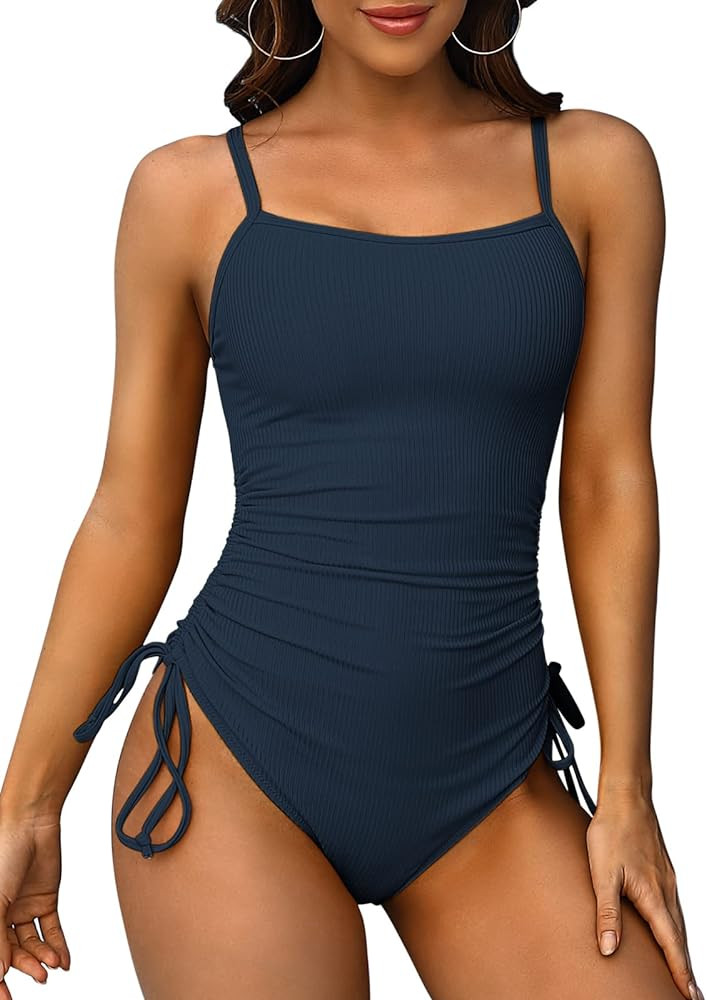SOCIALA Ribbed One Piece Swimsuits for Women Tie Side High Cut Bathing Suits Padded Monokinis | Amazon (US)