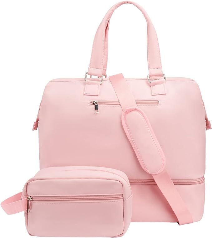 Weekender Bag with Shoe Compartment Travel Duffle, Personal Item 17 Inch, Solid Pink | Amazon (US)