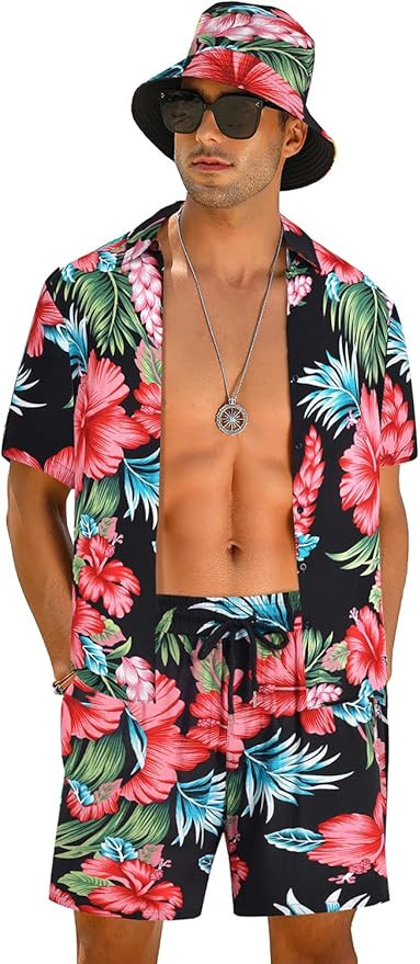 EISHOPEER Men's Flower Button Down Hawaiian Outfit Sets Casual Short Sleeve Shirt and Shorts Suit... | Amazon (US)