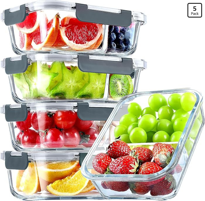VERONES 5 Pack Glass Meal Prep Containers 2 Compartment Set, 36OZ Airtight Glass Lunch Containers... | Amazon (US)