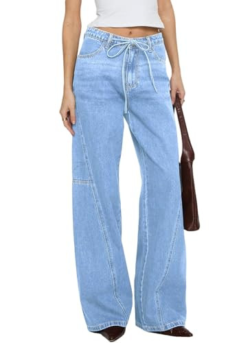 Sidefeel Women's Wide Leg Jeans Mid Waisted Stretchy Drawstring Button Down Denim Pants | Amazon (US)