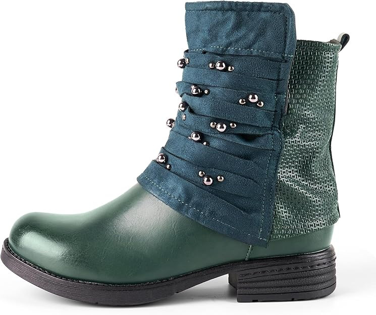 LALA IKAI Women Motorcycle Boots Ankle Combat Boots with Studded Low Block Heels Biker Shoes | Amazon (US)