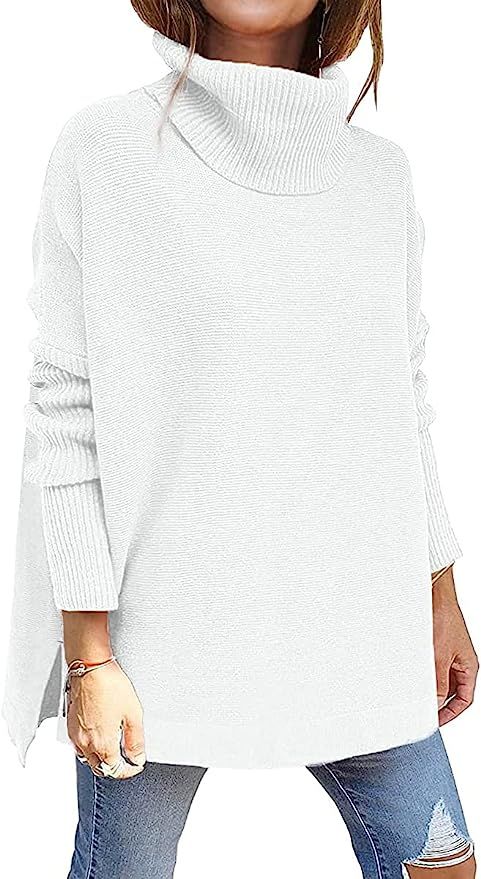 Drrita Women's Turtleneck Sweaters 2021 Oversized Batwing Sleeve Spilt Hem Asymmetric Pullover Sw... | Amazon (US)