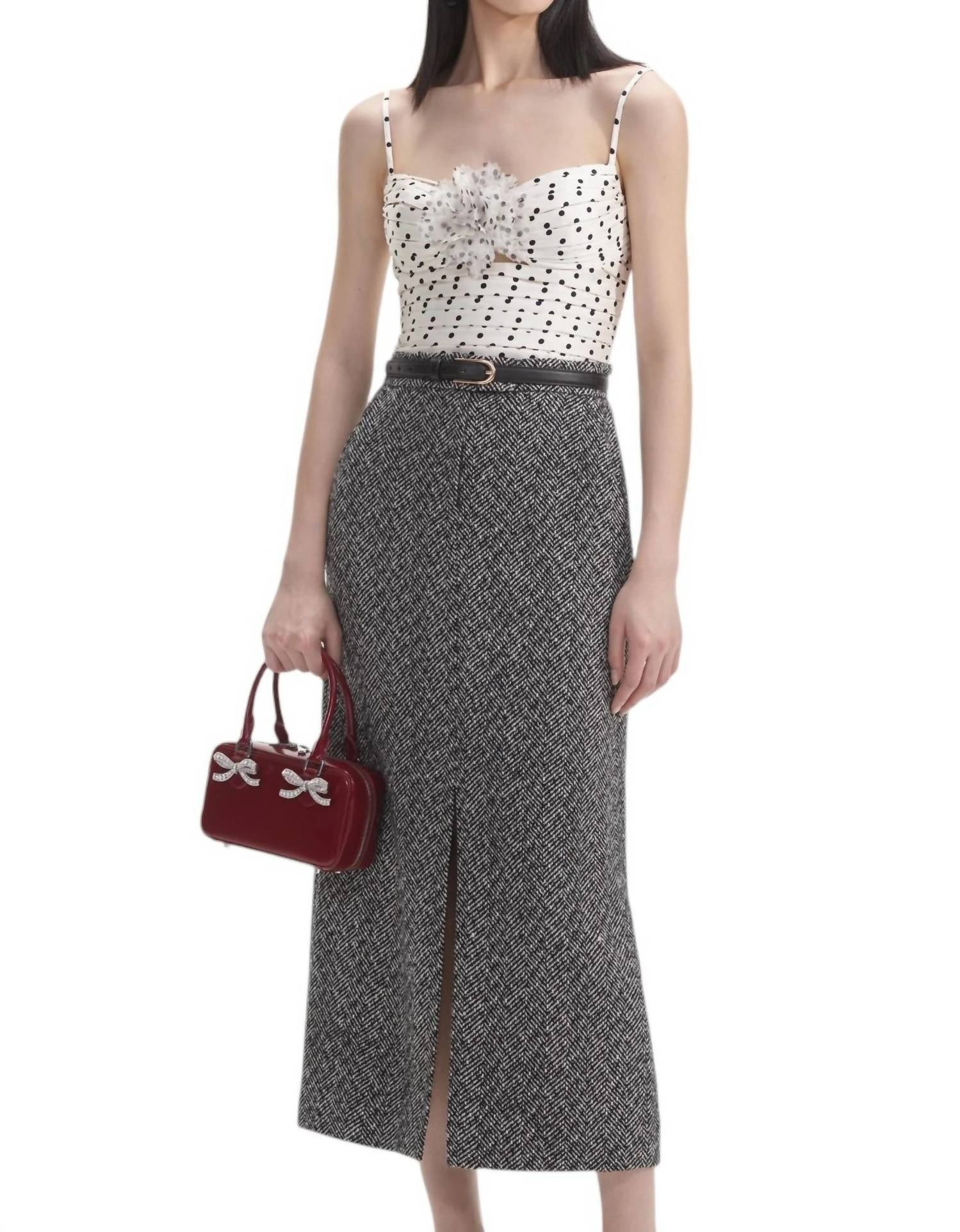 Herringbone Midi Skirt In Black | Shop Simon