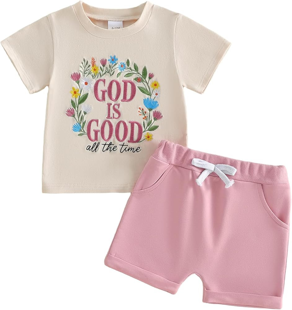 Toddler Baby Girl Christian Clothes God Is Good All The Time Flower Embroidered T Shirt Shorts Se... | Amazon (US)