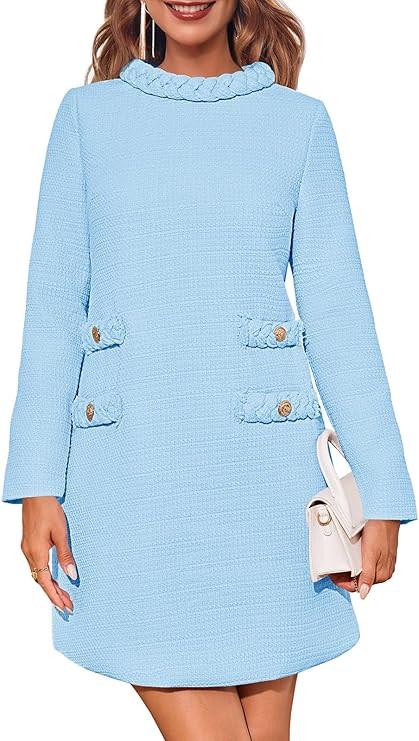 Wenrine Womens Long Sleeve Tweed Dress Work Office Elegant Textured Classy Casual Formal Shift Mi... | Amazon (US)