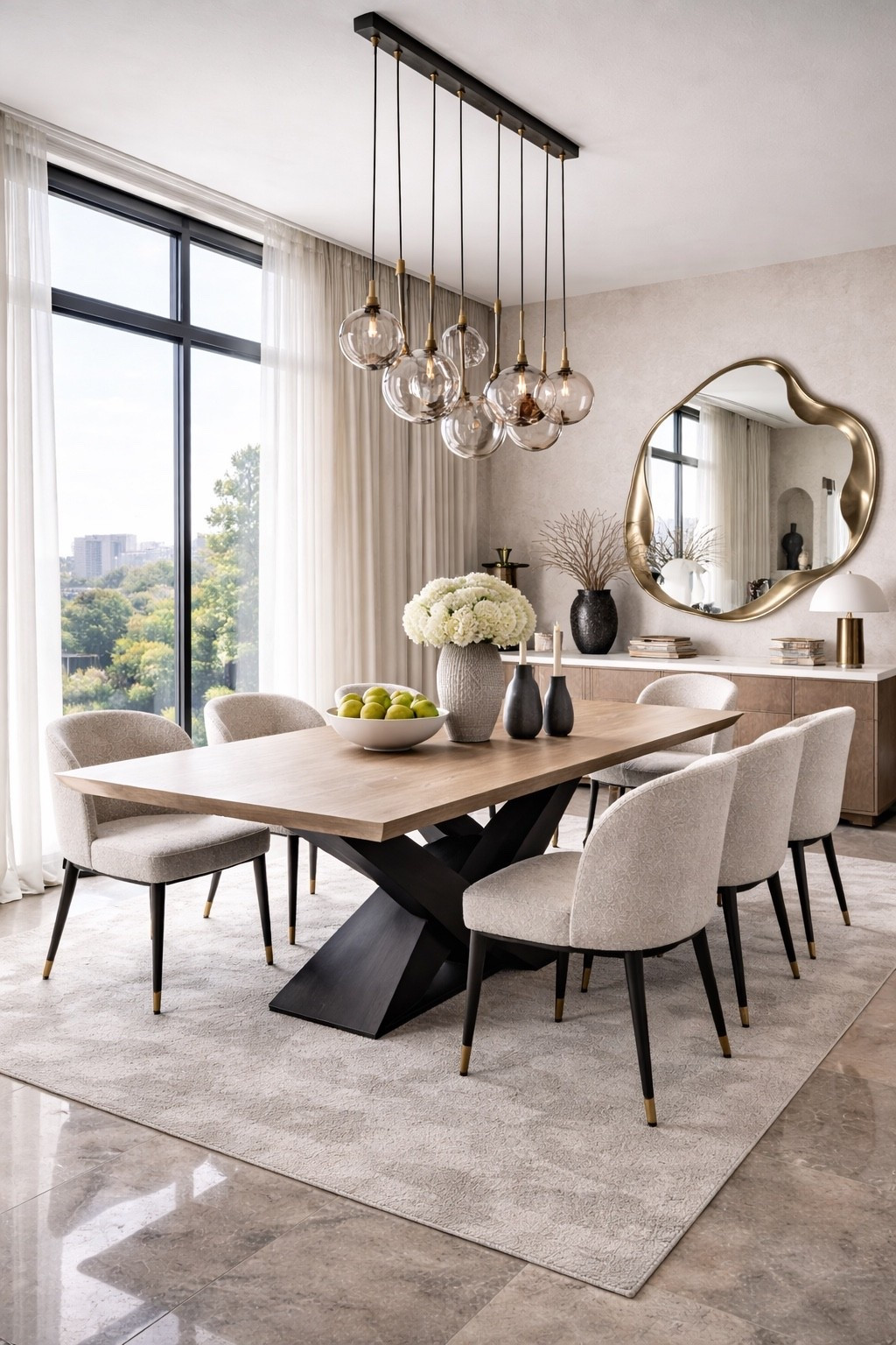 Elegant modern dining room featuring a light wood dining table with a sculptural black base, soft upholstered dining chairs, and a statement glass globe chandelier. Neutral tones, organic shapes, and a gold statement mirror create a warm luxury interior inspired by contemporary European design.

#luxurydiningroom #moderninterior #neutraldecor #pinteresthome #ltkhome #interiorinspo #diningroomdesign #modernhome #contemporarydesign #designerhome #beigeaesthetic #homedecorideas #interiordesign #luxuryinteriors #modernfurniture
