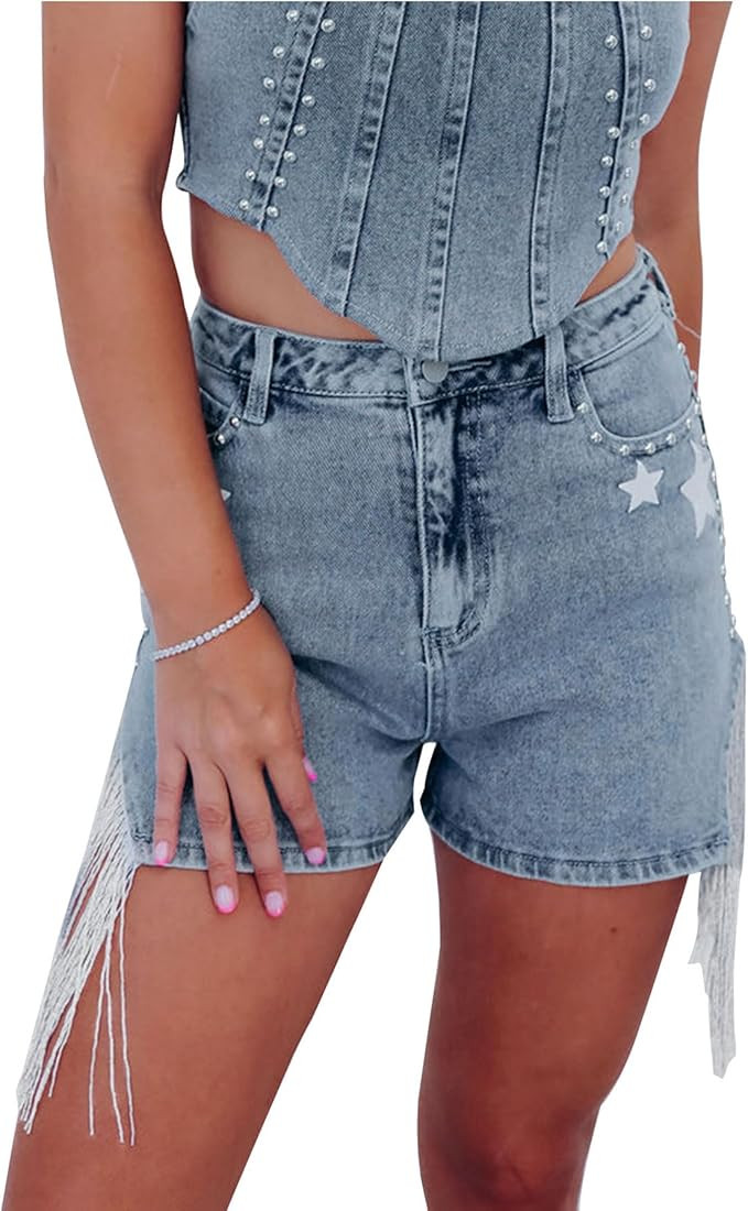Women's Denim Shorts Casual High Waisted Studded Fringe Tassels Stretchy Hot Shorts with Star | Amazon (US)