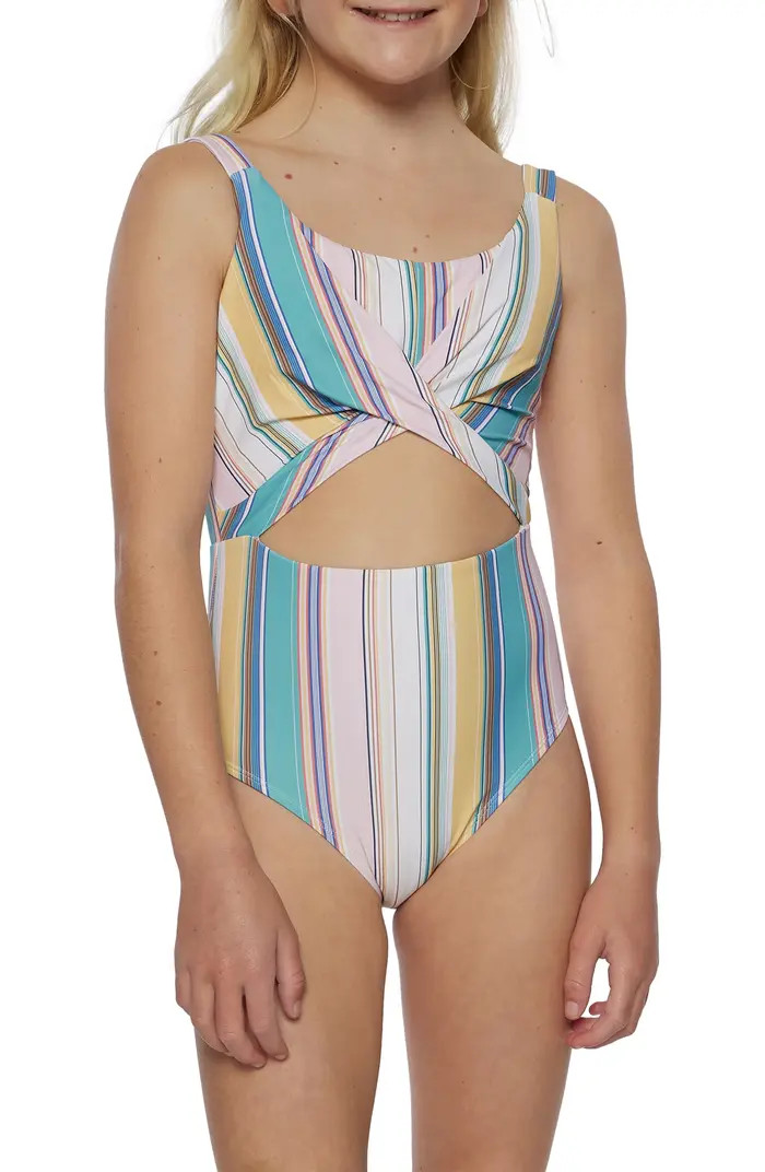 O'Neill Kids' Baja Stripe Twist Front Cutout One-Piece Swimsuit | Nordstrom | Nordstrom