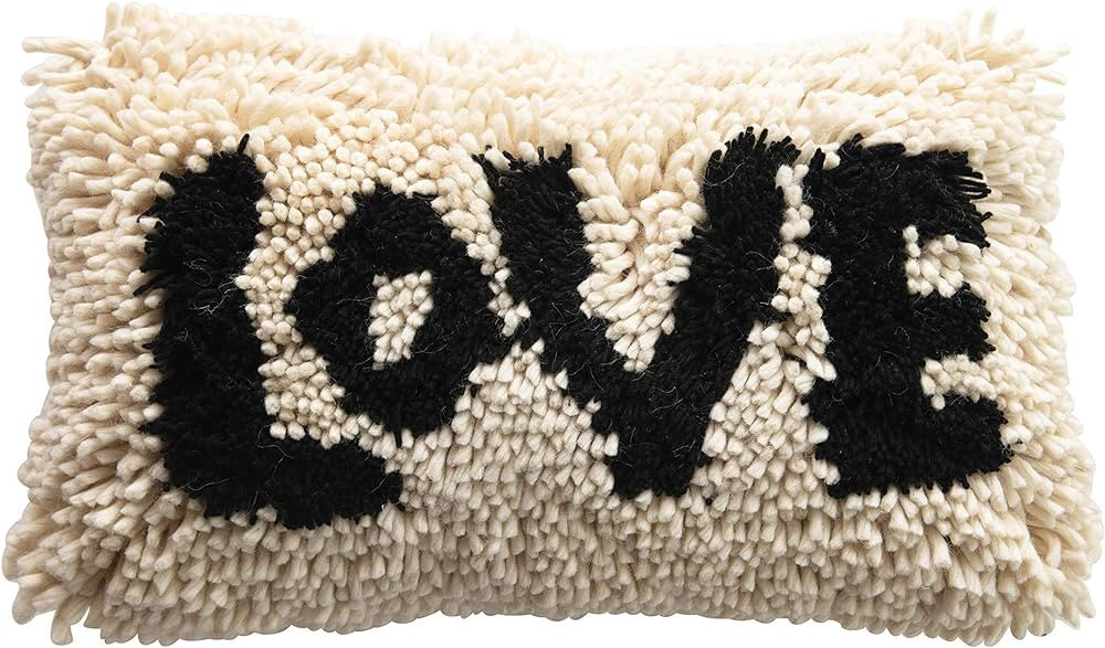 Creative Co-Op Woven Wool Shag Lumbar Love, Black & Cream Color Pillow | Amazon (US)