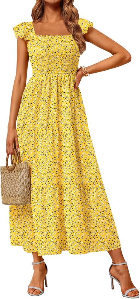 LILLUSORY Womens Square Neck Floral Ruffle Sleeve Maxi Dress 2026 Smocked Boho Vintage Sundress w... | Amazon (US)
