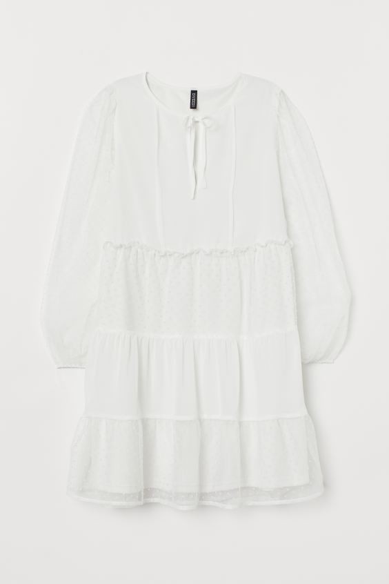 Short dress in chiffon and flock-print mesh. Round neckline and an opening at front with ties. Lo... | H&M (US + CA)