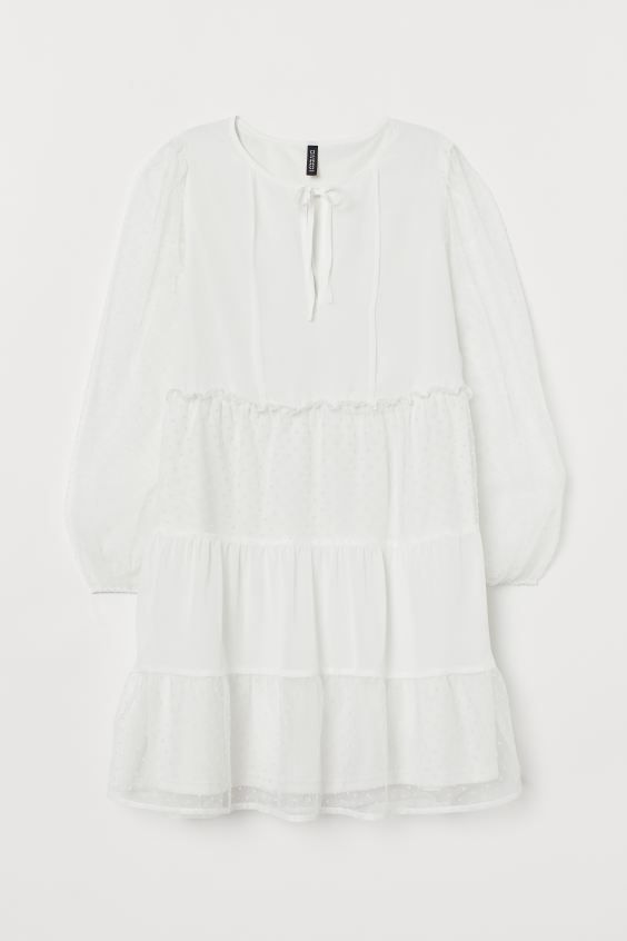 Short dress in chiffon and flock-print mesh. Round neckline and an opening at front with ties. Lo... | H&M (US)