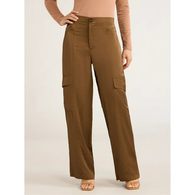 Sofia Jeans Women's Cargo Wide Leg High Rise Satin Pants, 30" Inseam, Sizes XS-XXL | Walmart (US)