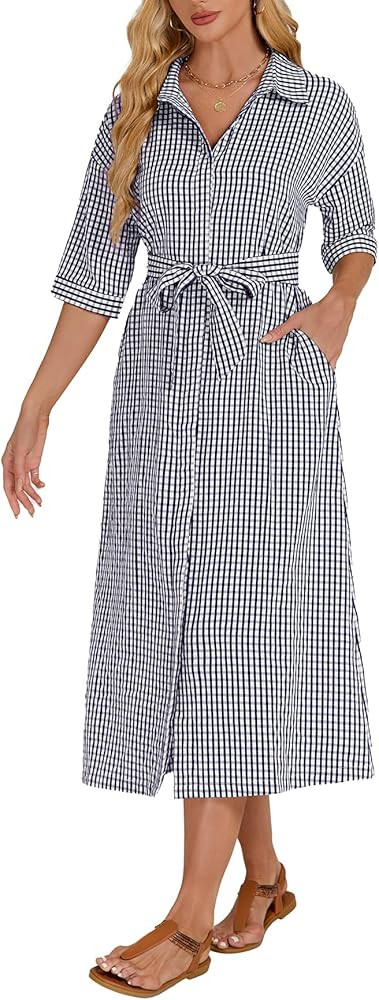 Women's Half Sleeve Plaid Maxi Dress 2026 Spring Summer Gingham Casual Button Down Long Loose Bel... | Amazon (US)