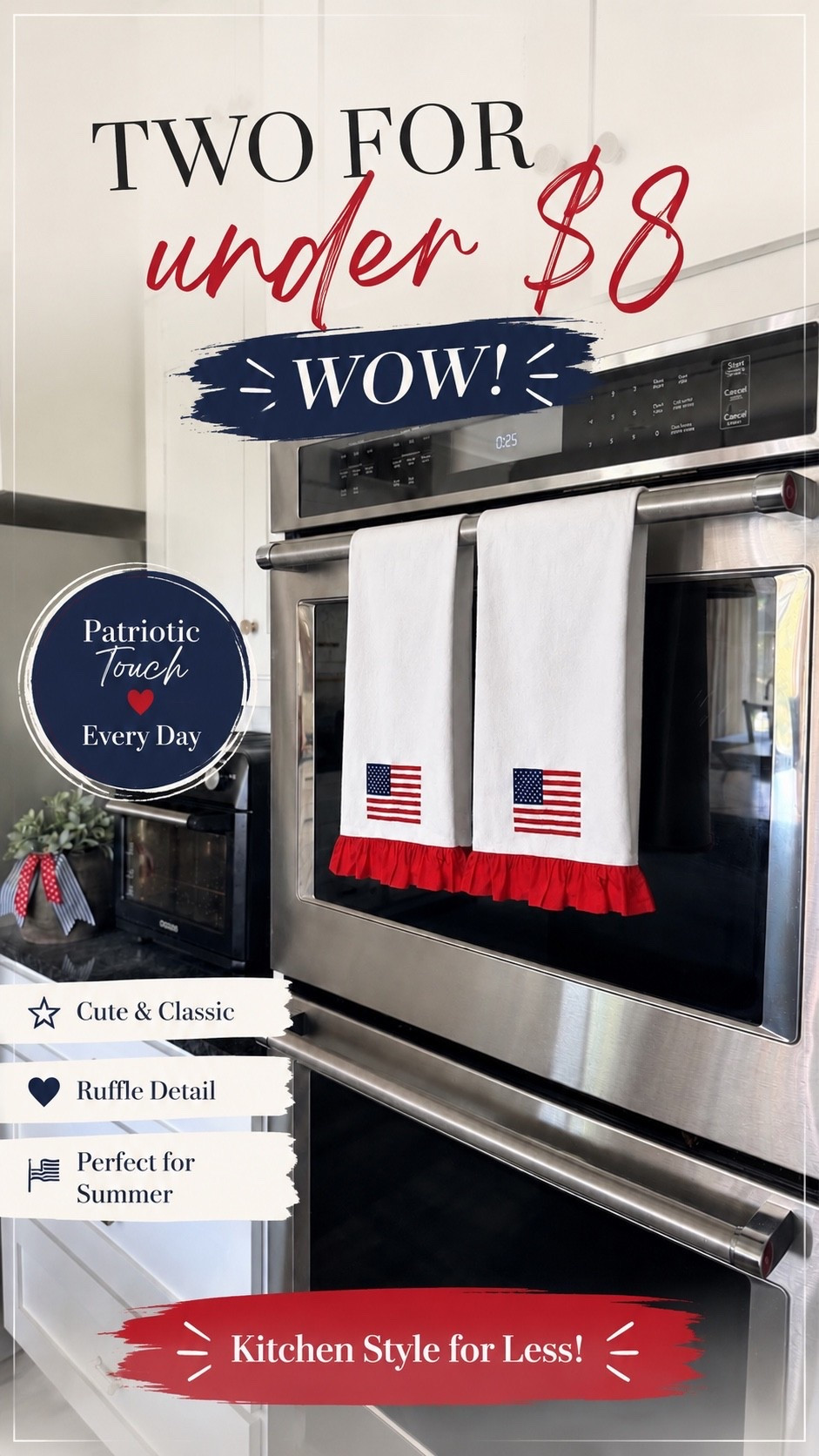 Sometimes it’s the little touches that make a home feel festive. 🇺🇸

I found these adorable patriotic kitchen towels for 2 for under $8, and honestly… WOW! Such an easy way to add a little Fourth of July charm without spending a fortune.

If you’re decorating on a budget but still want your home to feel cozy, welcoming, and ready for summer gatherings, these are too cute to pass up. ❤️🤍💙
Who else loves adding seasonal touches to the kitchen?

4th of July kitchen decor, patriotic home decor ideas, affordable holiday decorating, budget-friendly kitchen finds, Americana farmhouse style, red white and blue decor, summer kitchen styling, Fourth of July decorating ideas, cute patriotic kitchen accessories, home decor finds under $10 🇺🇸✨
