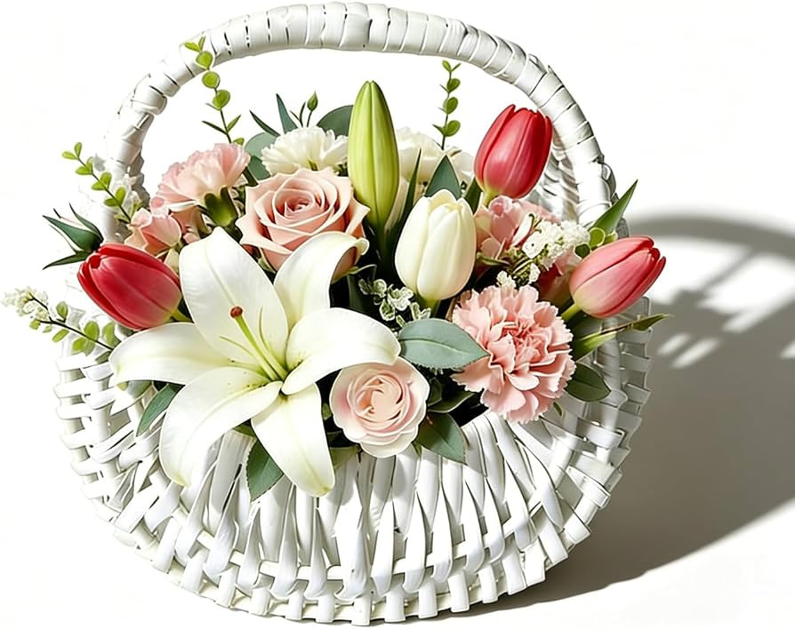 White Wicker Rattan Flower Girl Basket Wedding Flower Basket Cute Rattan Wicker Basket Wicker Sto... | Amazon (US)