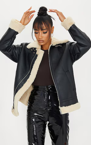 Black Faux Leather Oversized Plush Faux Fur Lined Aviator Jacket | PrettyLittleThing US