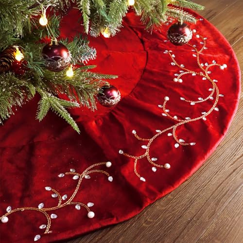 Bunny Chorus Christmas Tree Skirt, 60 inches Classic Large Velvet Fur Plush Red Tree Skirt, Baroque Tree Skirts with Gold Embroidered Pearls and Crystals for Merry Christmas | Amazon (US)