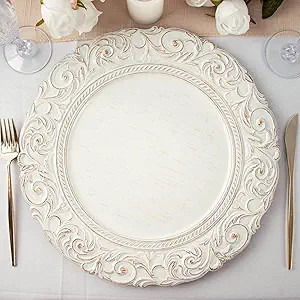 Efavormart Set of 6 Antique White/Gold 14" Round Plastic Charger Plates With Engraved Baroque Des... | Amazon (US)