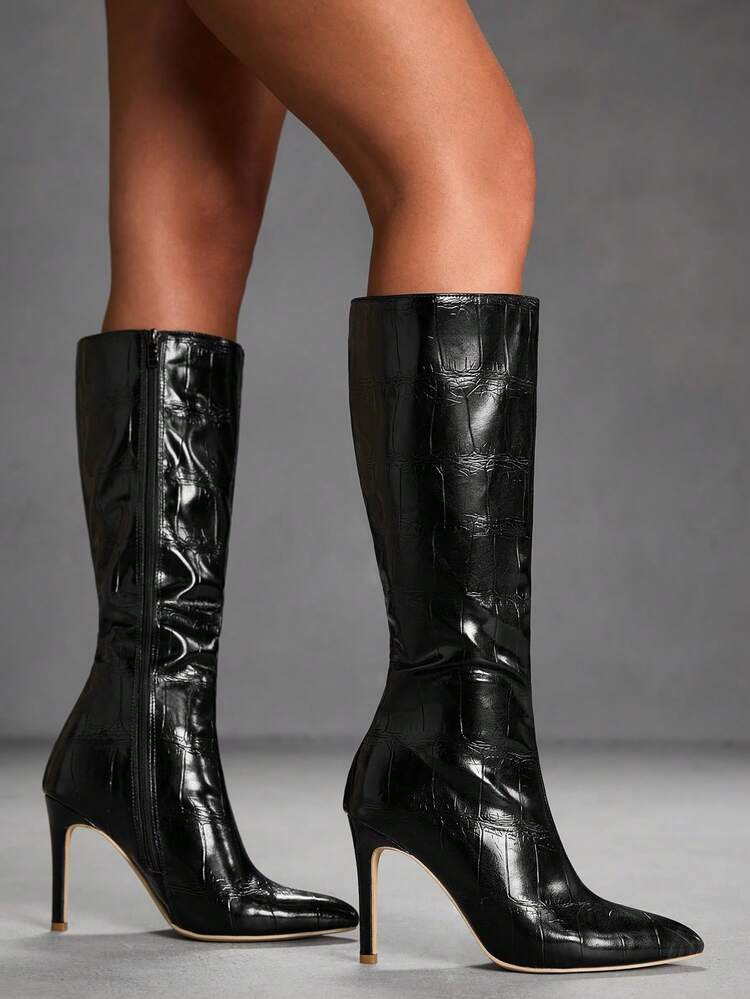 CUCCOO SZL Elegant Sexy Crocodile Pattern Black Knee-High Boots, Pointed Toe Slim Heel Stylish Women's Boots, Fashionable Versatile New Long Boots, Showcasing Feminine Charm And Elegant | SHEIN