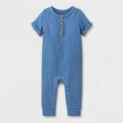 Baby Gauze Henley Long Romper - Cat & Jack™ Blue | Target