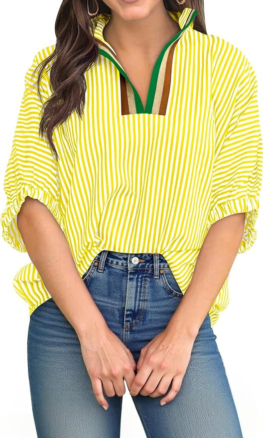 Tankaneo Womens V Neck Striped Blouse Oversized Dolman Sleeve Tops Summer Casual Loose Fit Polo S... | Amazon (US)