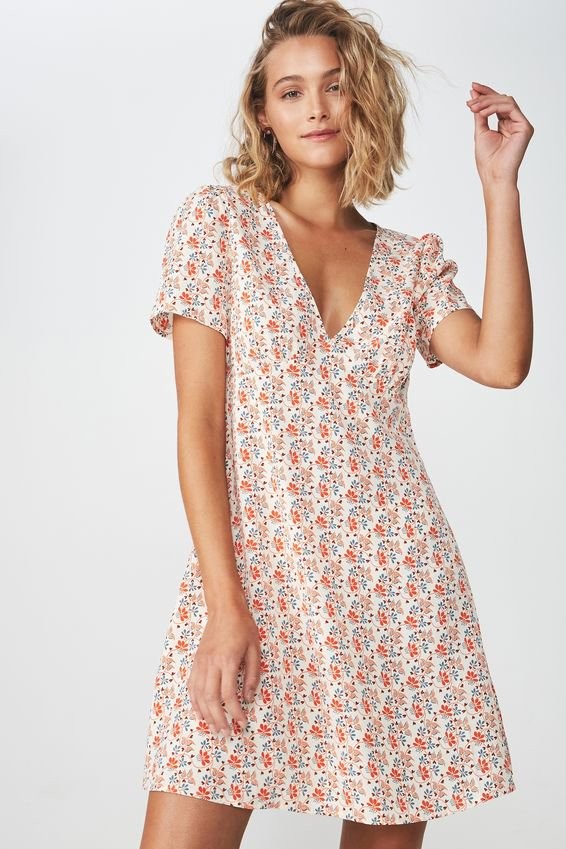 Woven Dotti Deep V Puff Sleeve Mini Dress | Cotton On (US)