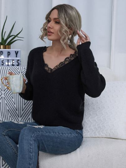 Drop Shoulder Eyelash Lace Trim Sweater | SHEIN