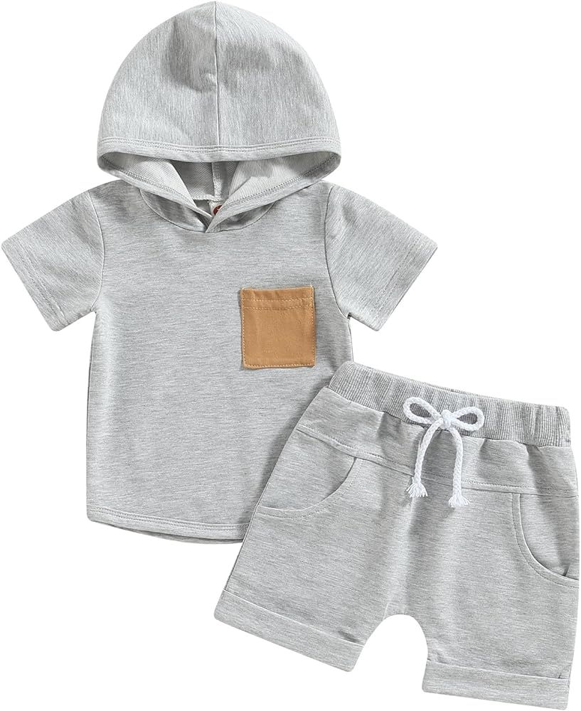 Toddler Baby Boy Summer Clothes Set Short Sleeve Hoodie Tops Drawstring Shorts 0-3 Years Solid Co... | Amazon (US)
