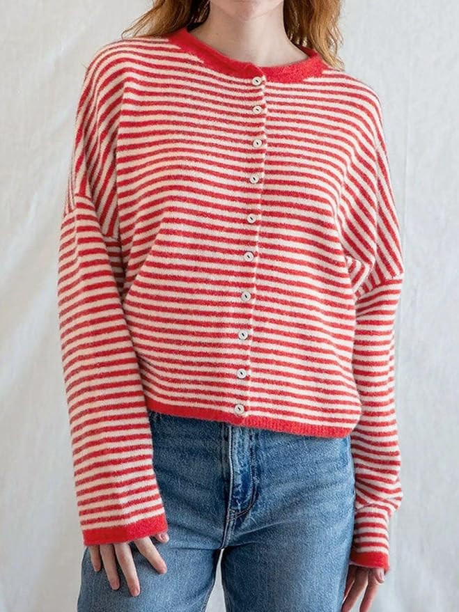 chouyatou Women 2025 Fall Striped Cardigan Sweaters Lightweight Cute Crewneck Button Down Cardiga... | Amazon (US)