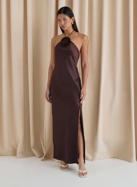 Chocolate Brown Satin Corsage Halterneck Dress- Sabel | 4th & Reckless