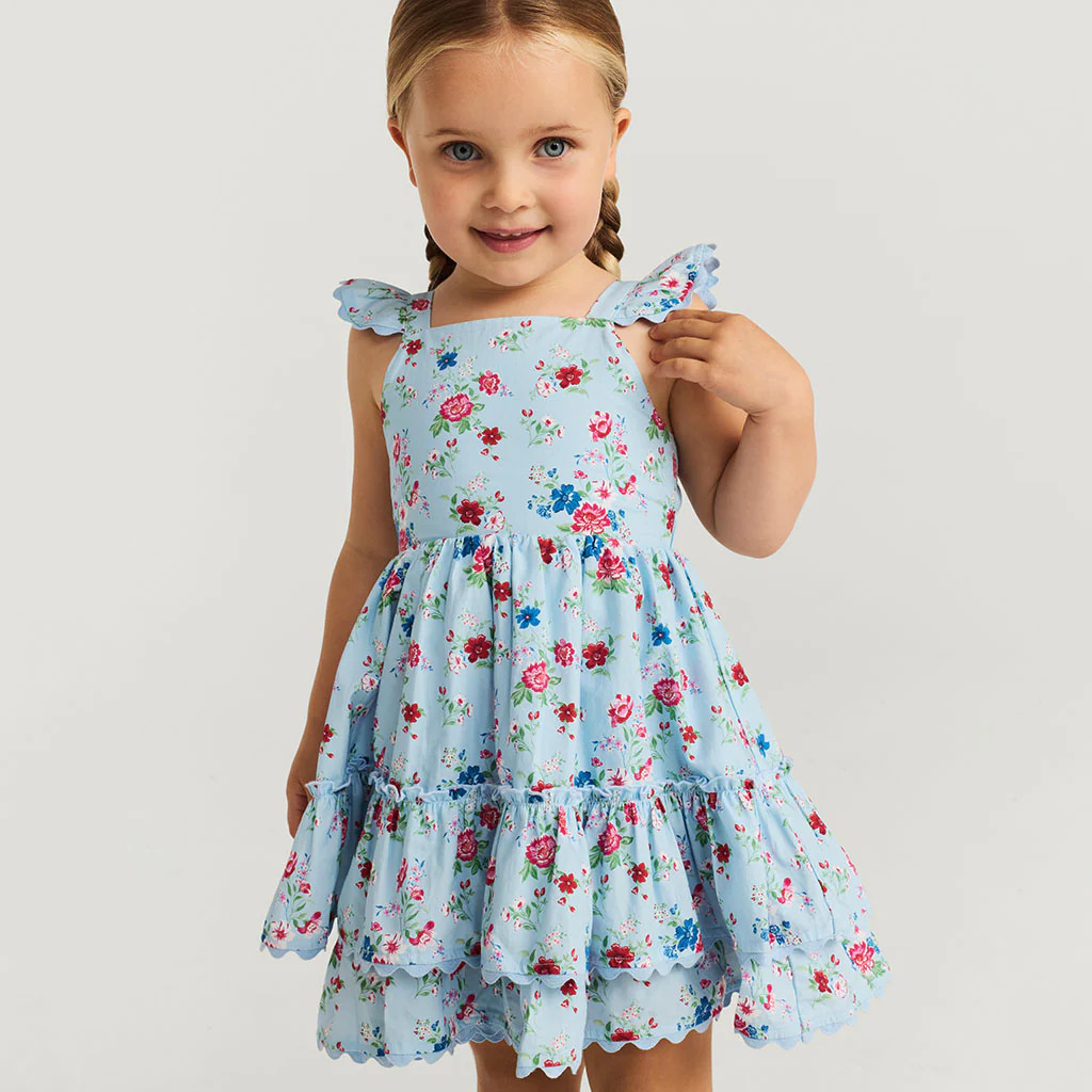 Floral Blue Ruffled Strap Jean Bamboo Challis Tie Back Tiered Dress | Posh Peanut\u00ae | Posh Peanut