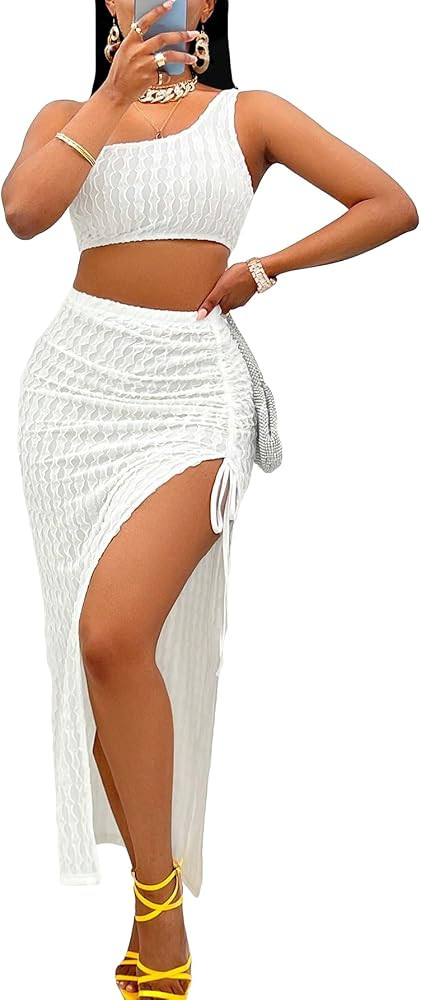 SOLY HUX Women's One Shoulder Crop Top and Split Thigh Maxi Skirt Cocktail Party Outfit 2 Piece S... | Amazon (US)