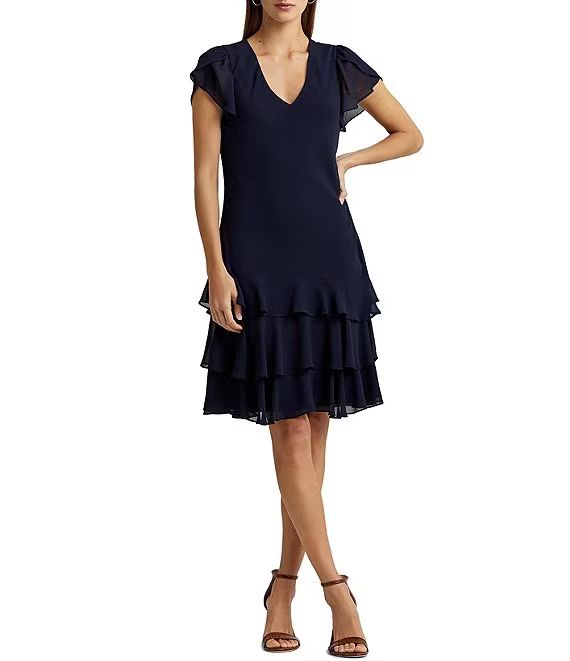 Georgette V-Neck Short Flutter Sleeve Drop Waist Dress | Dillard's